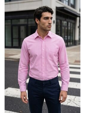 Donald Ross Men's Pink and White Striped Button-Up Dress Shirt Size M